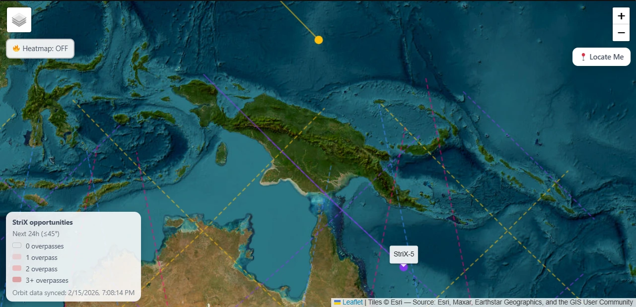 Ground tracks of Synspective StriX SAR satellites visualised over Australia in the Orbivis LEO Access Explorer
