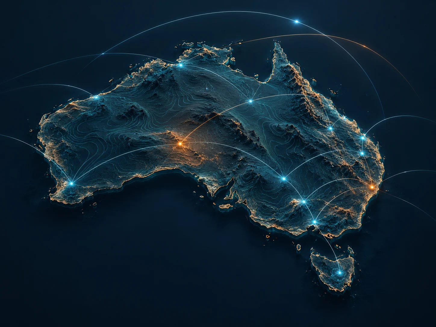 Conceptual terrain map of Australia with cyan and orange connection nodes and orbital paths.